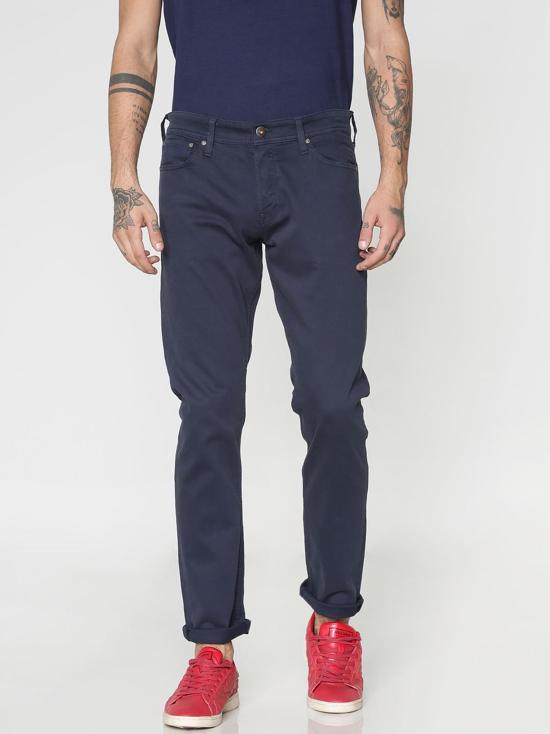 Navy Blue Low Rise Over Dyed Slim Fit Pants