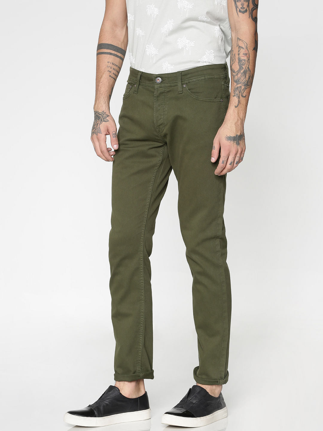 Green Low Rise Over Dyed Slim Fit Pants