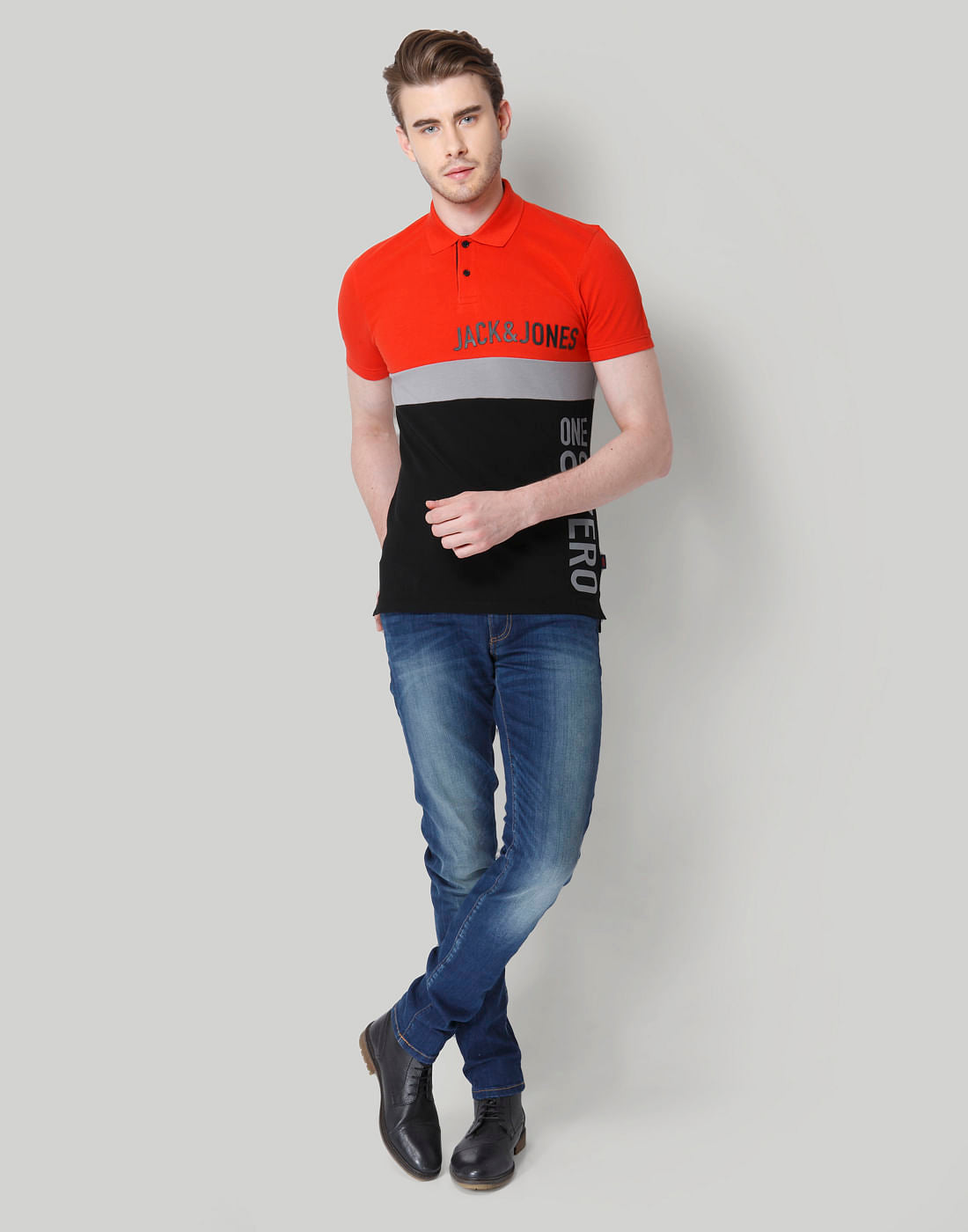 Red Colourblocked Polo Neck T-Shirt