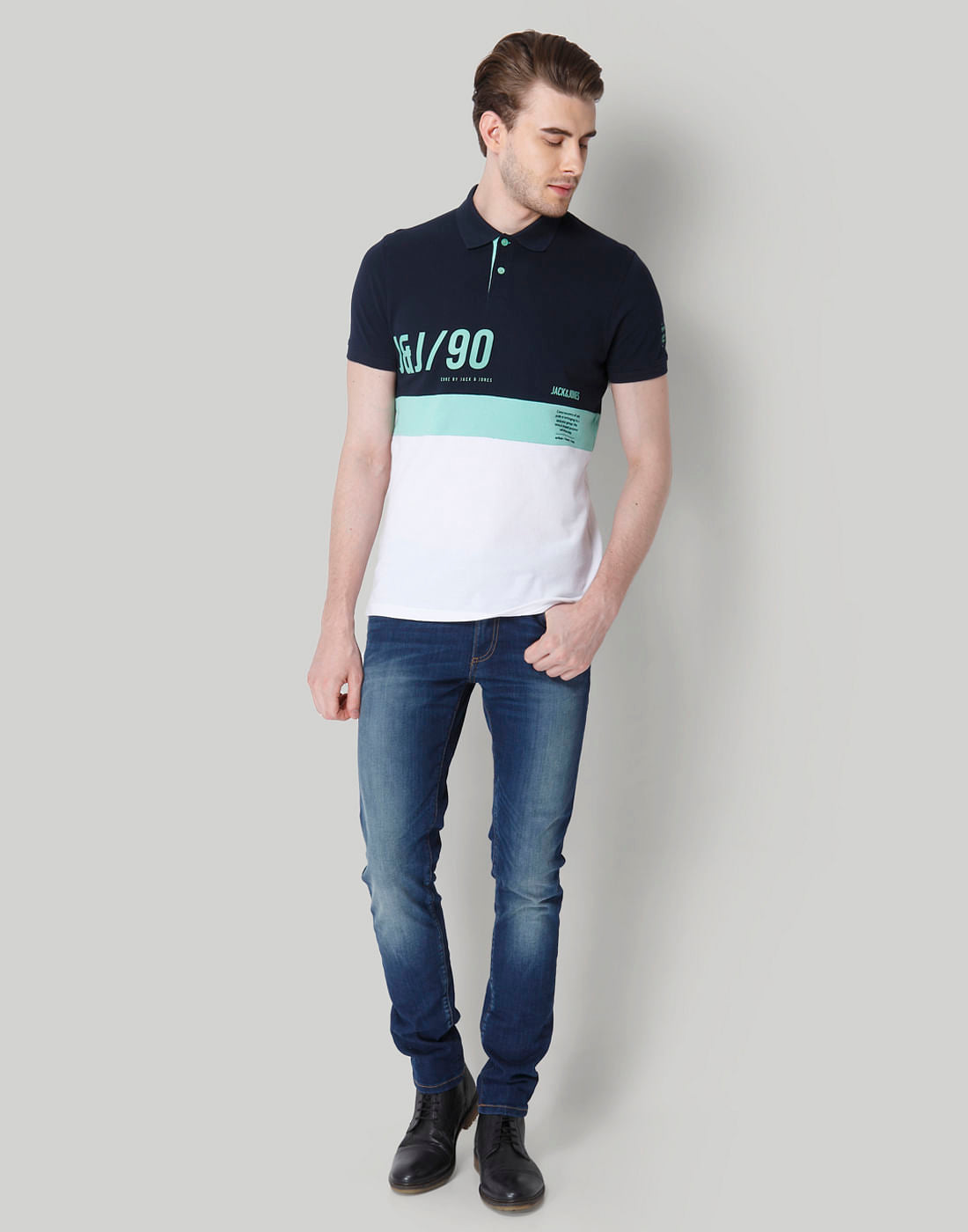 Navy Blue Colourblocked Polo Neck T-Shirt