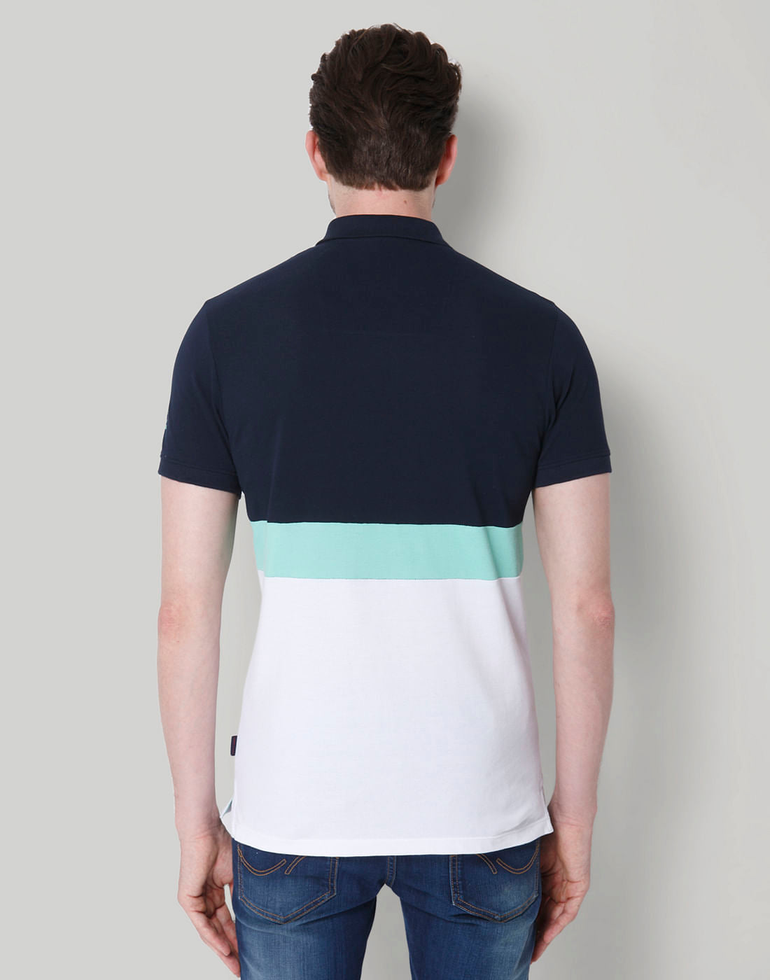 Navy Blue Colourblocked Polo Neck T-Shirt