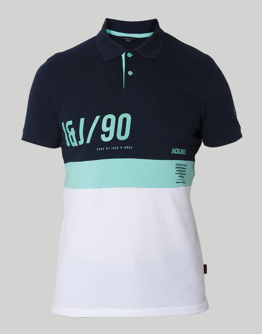 Navy Blue Colourblocked Polo Neck T-Shirt