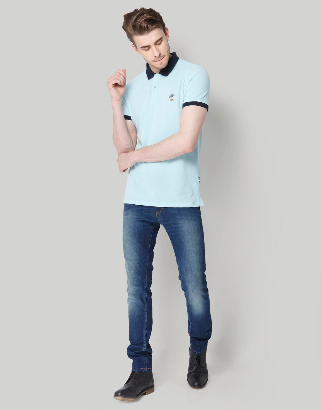 Blue Contrast Tipping Polo Neck T-Shirt