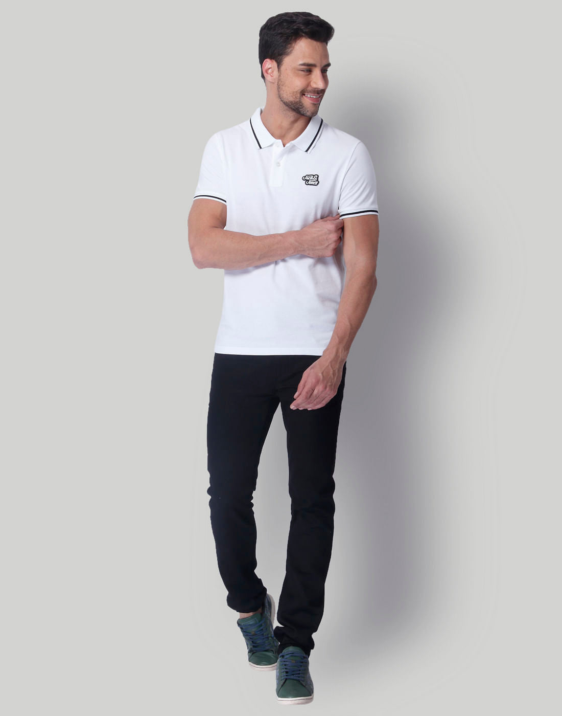 White Contrast Tipping Polo Neck T-Shirt