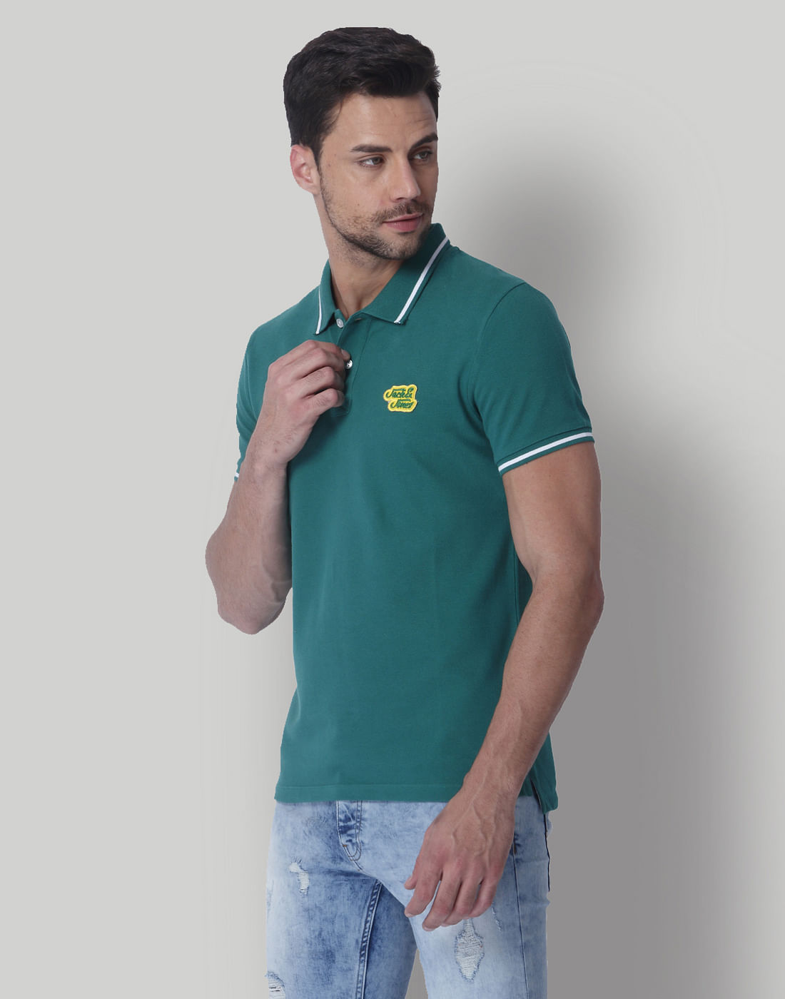 Green Contrast Tipping Polo Neck T-Shirt