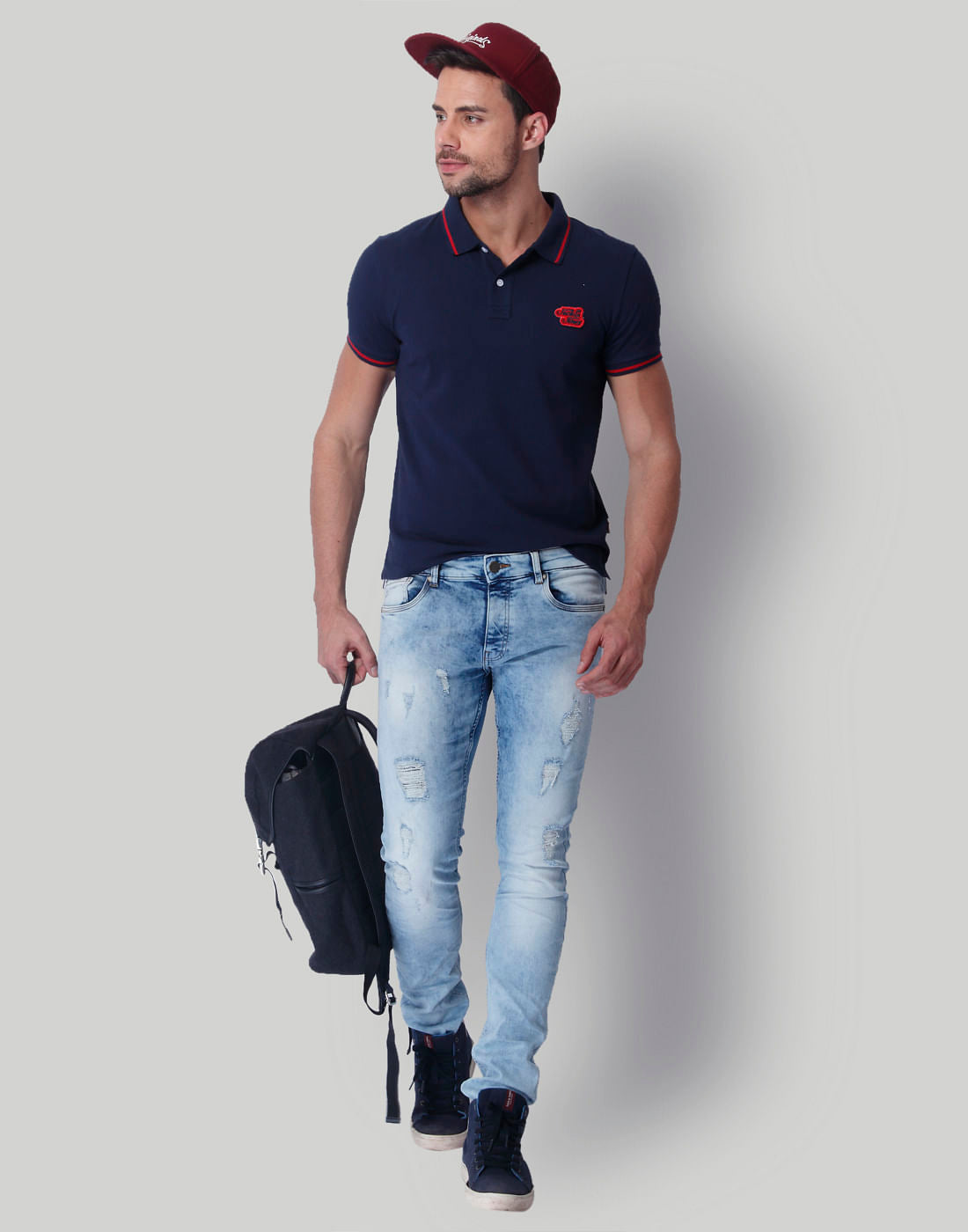 Navy Blue Contrast Tipping Polo Neck T-Shirt