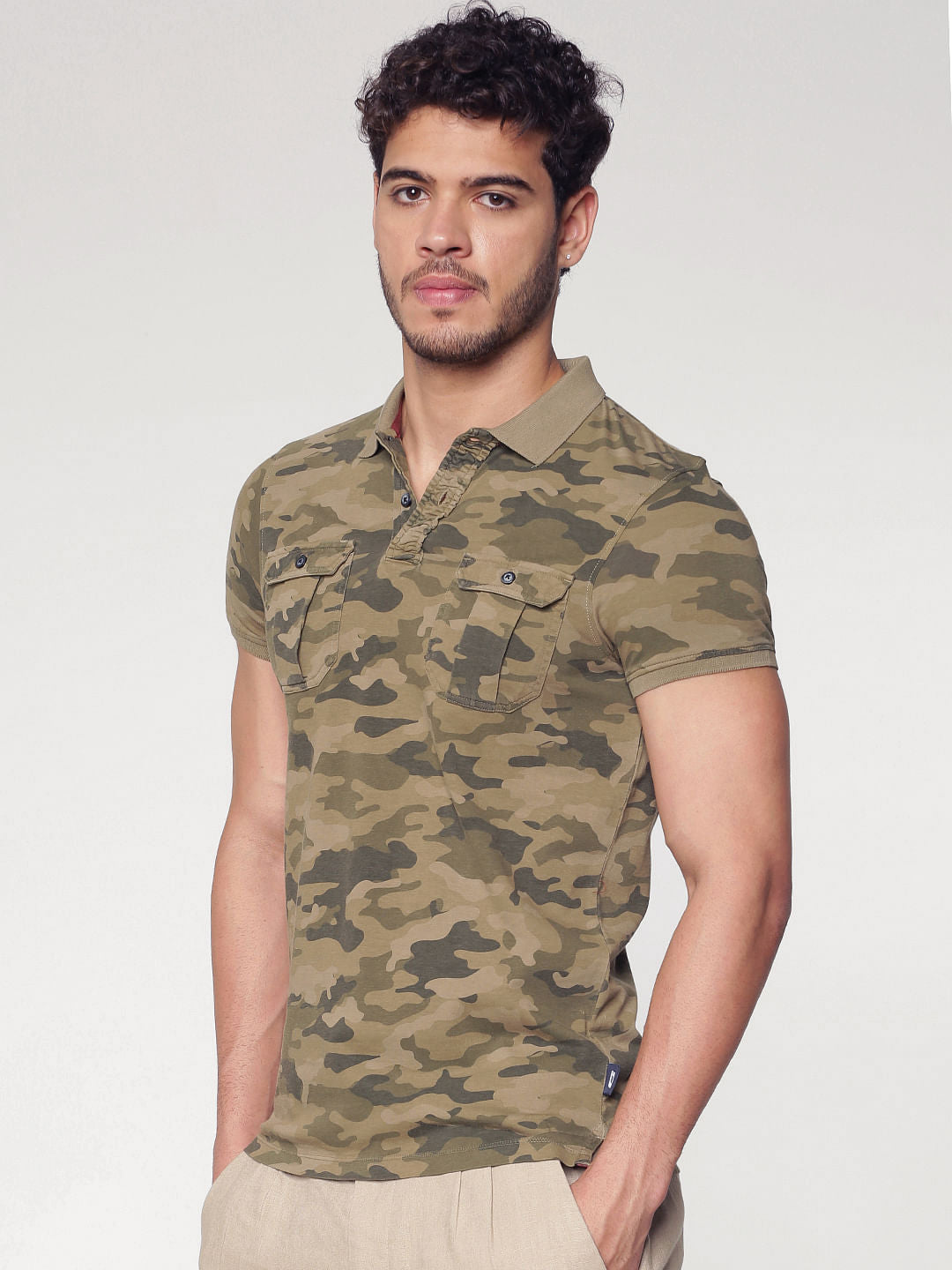 Brown Camo Print Polo Neck T-Shirt