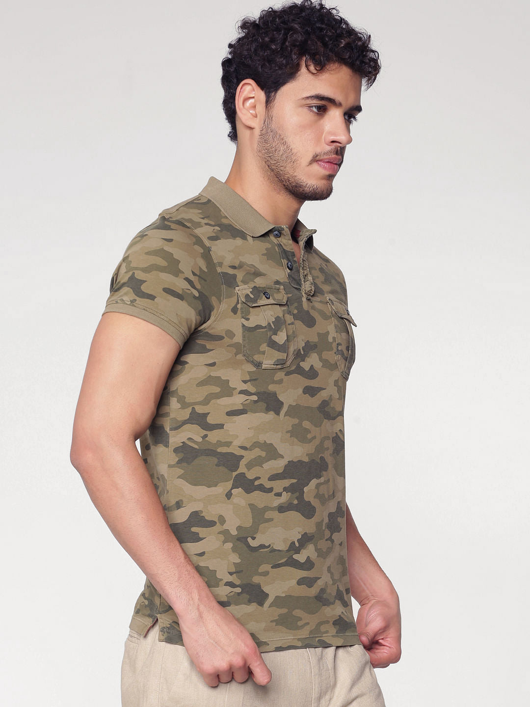 Brown Camo Print Polo Neck T-Shirt