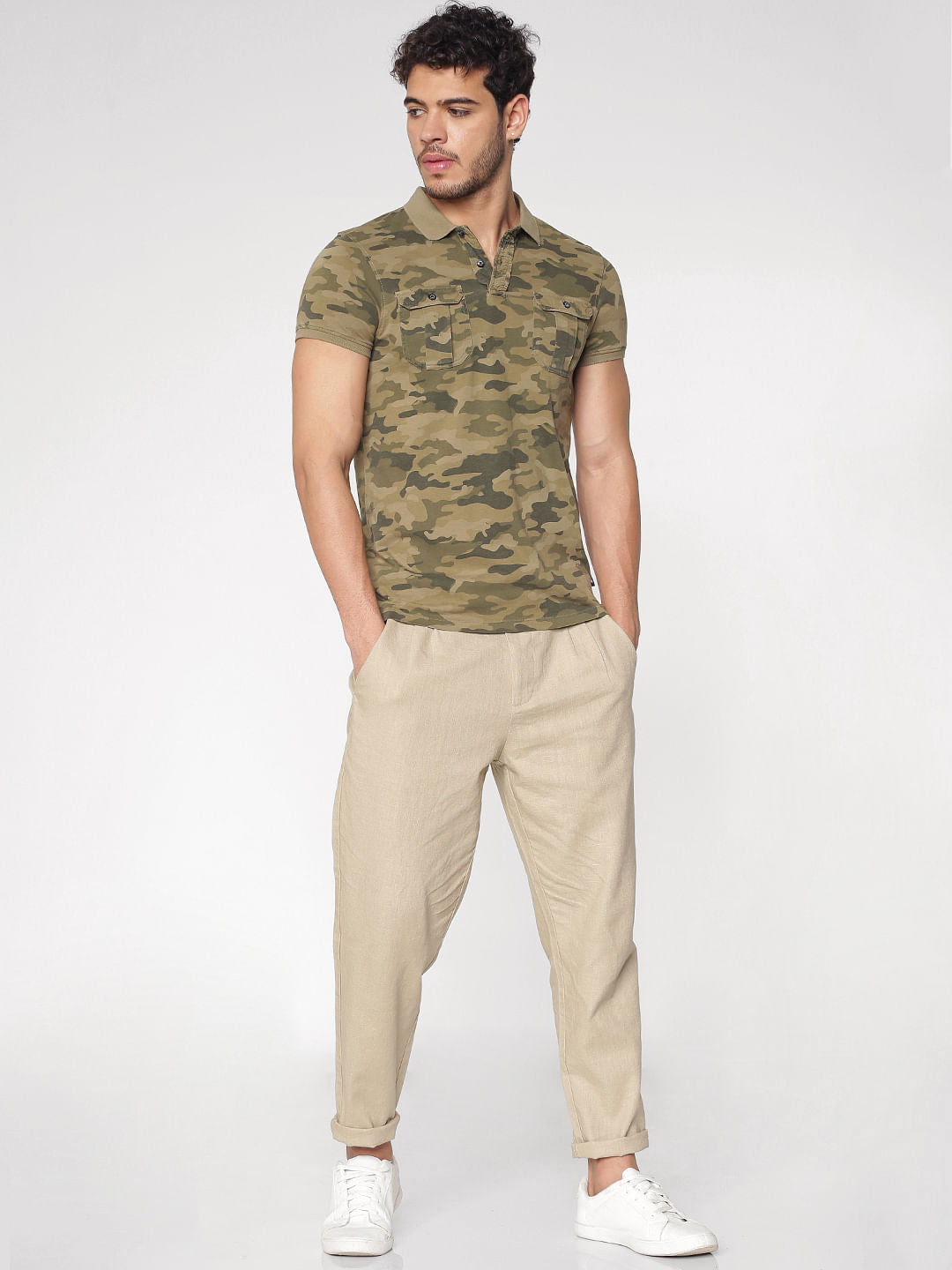 Brown Camo Print Polo Neck T-Shirt
