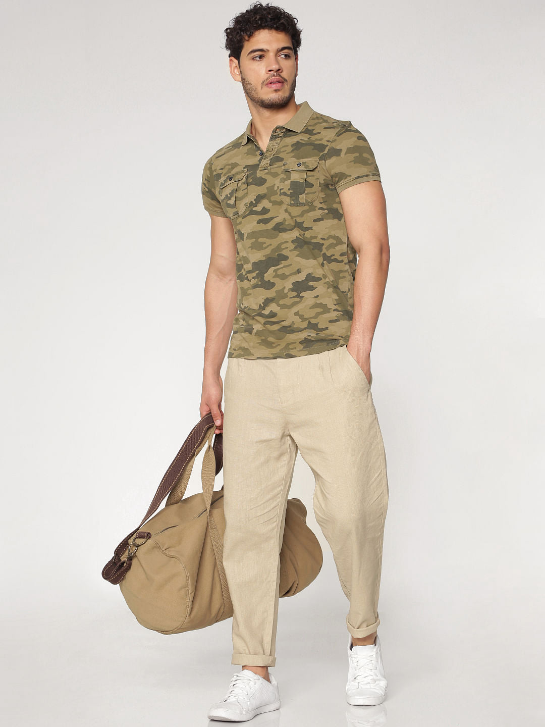 Brown Camo Print Polo Neck T-Shirt