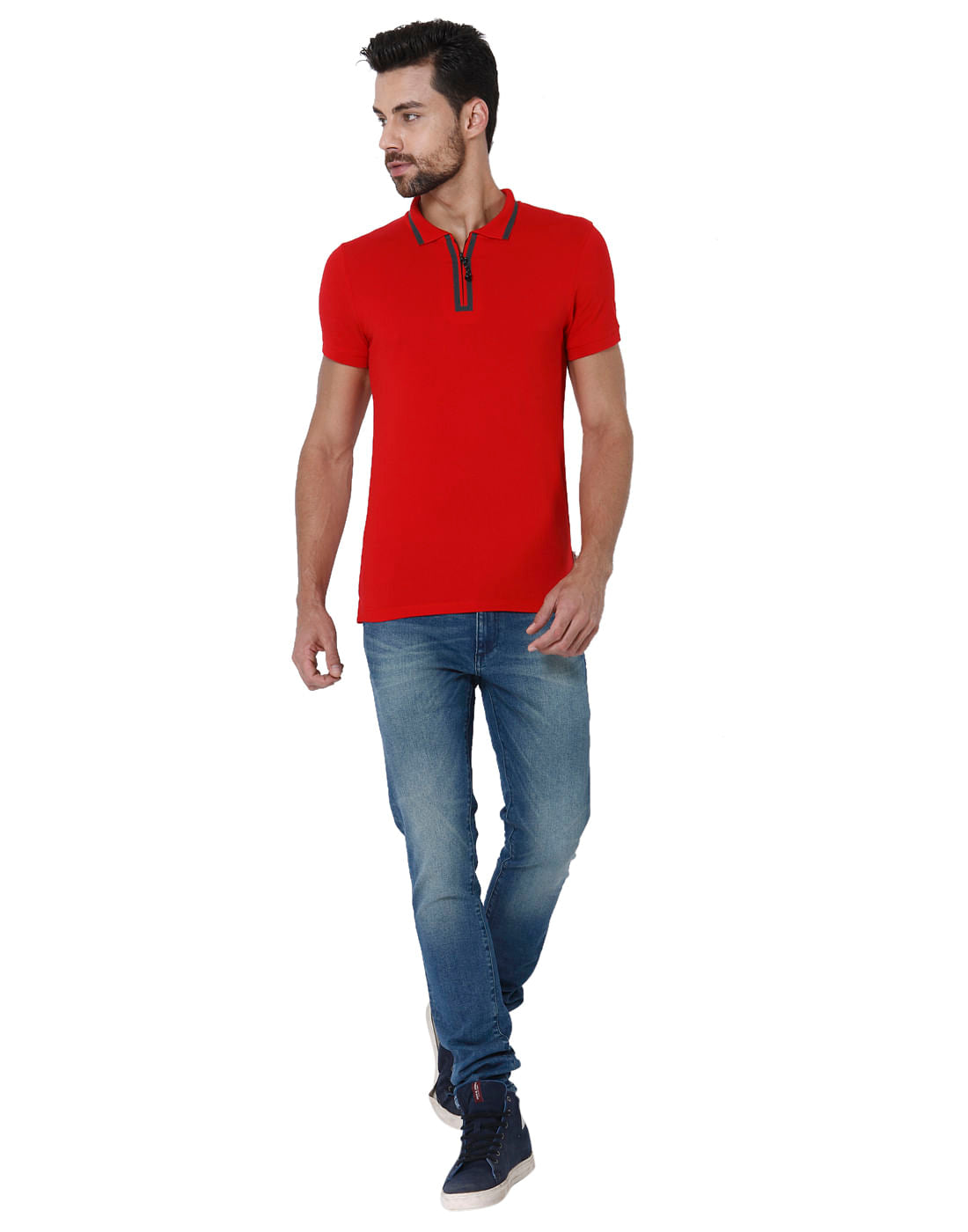 Red Contrast Tipping Polo Neck T-Shirt