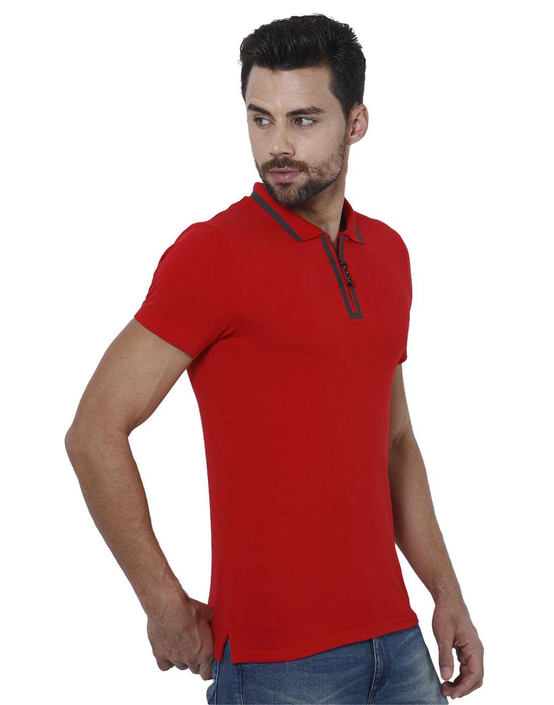 Red Contrast Tipping Polo Neck T-Shirt