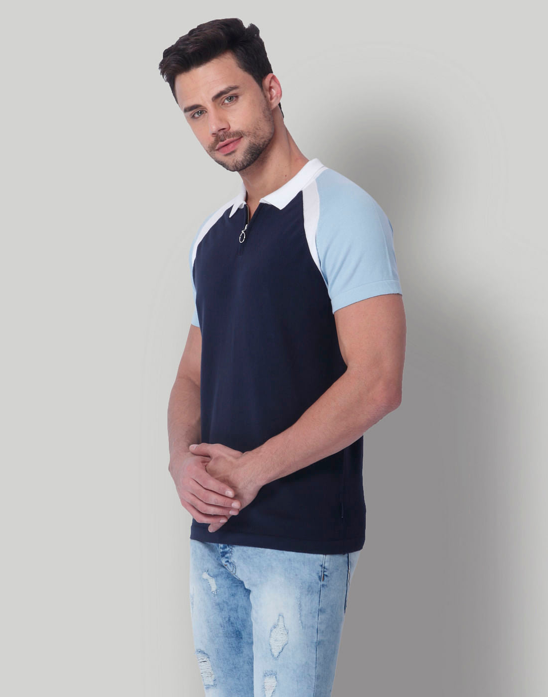 Blue Colour Blocked Polo Neck T-Shirt