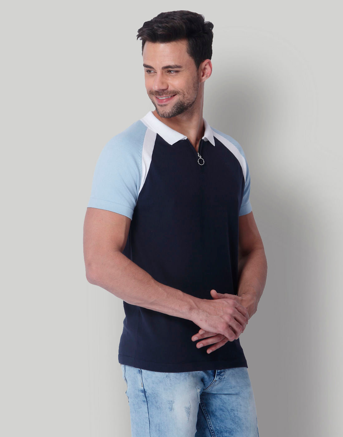 Blue Colour Blocked Polo Neck T-Shirt