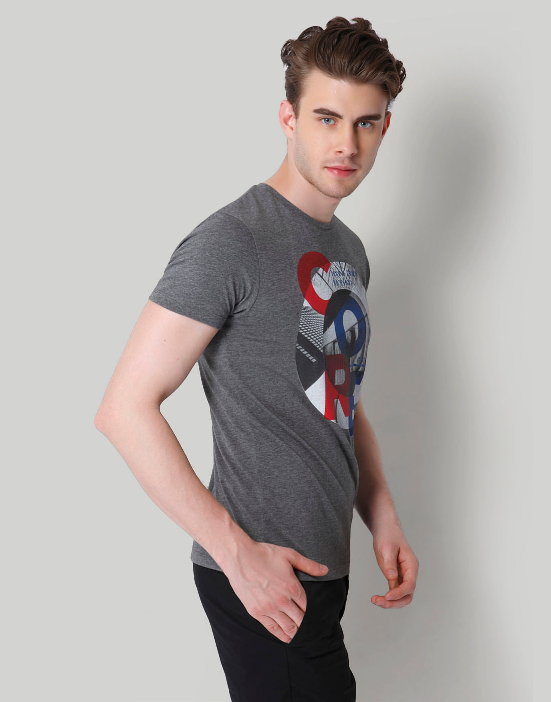 Grey Graphic Print Crew Neck T-Shirt