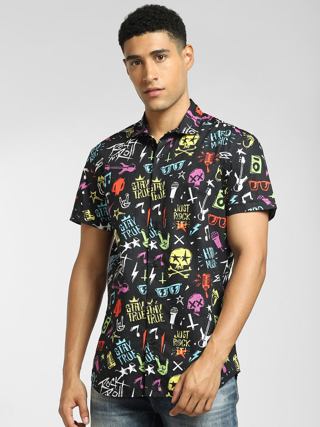 Black Abstract Print Short Sleeves Shirt