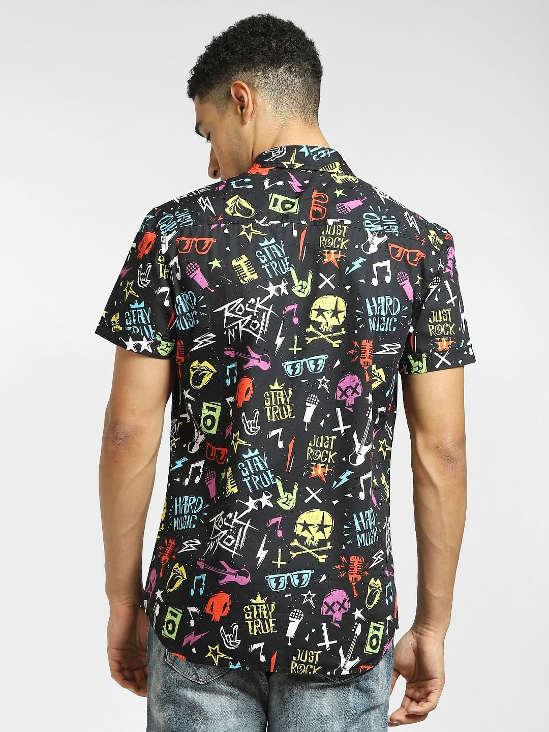 Black Abstract Print Short Sleeves Shirt