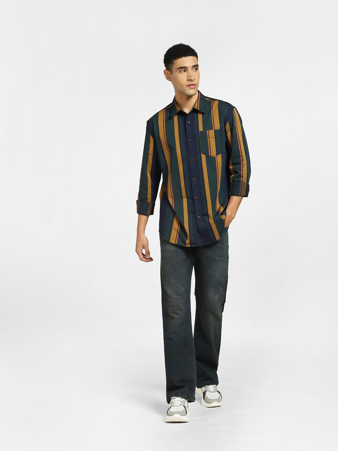 Dark Green Striped Full Sleeves Shirt