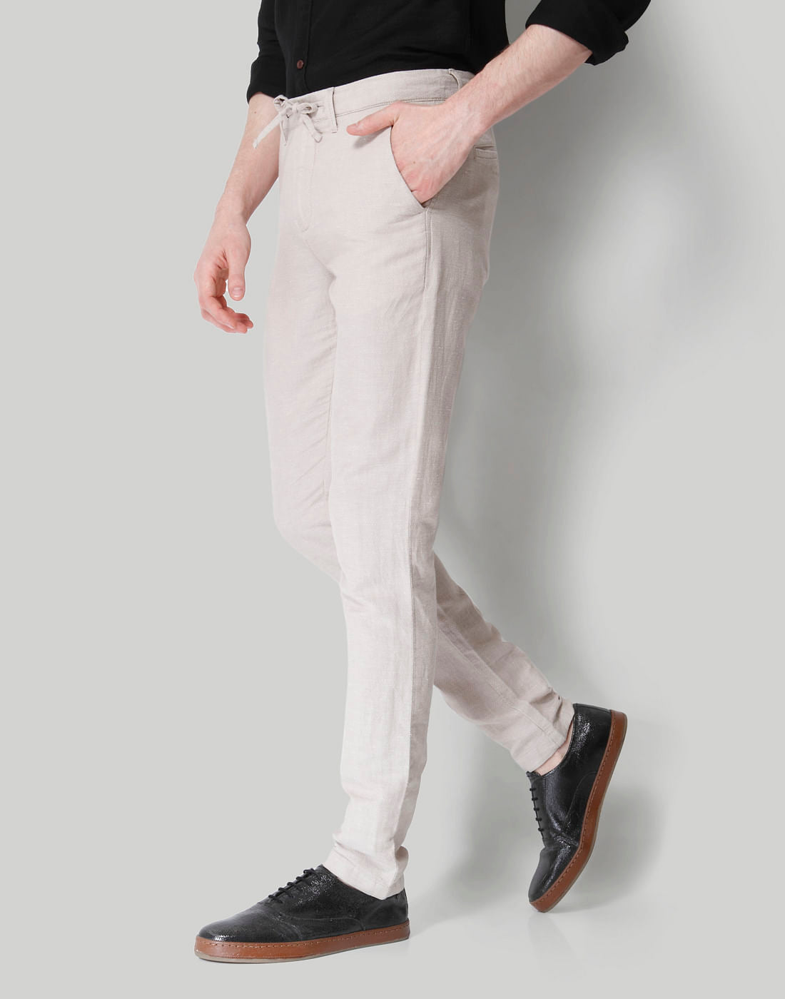 Beige Drawstring Linen Pants