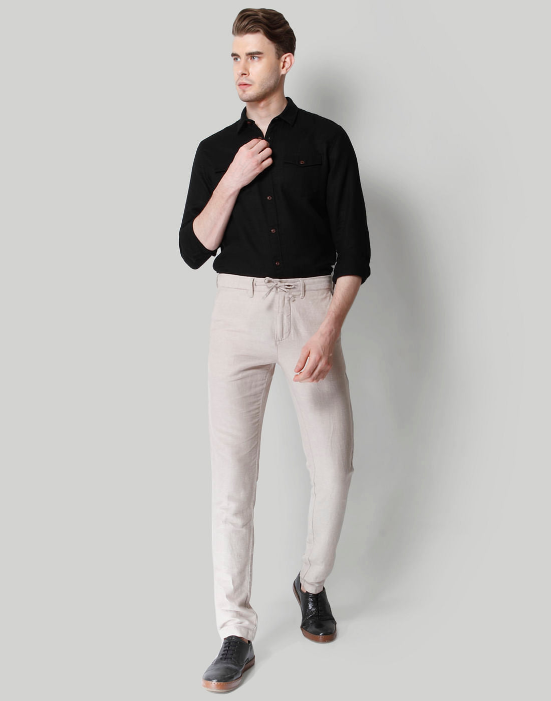 Beige Drawstring Linen Pants