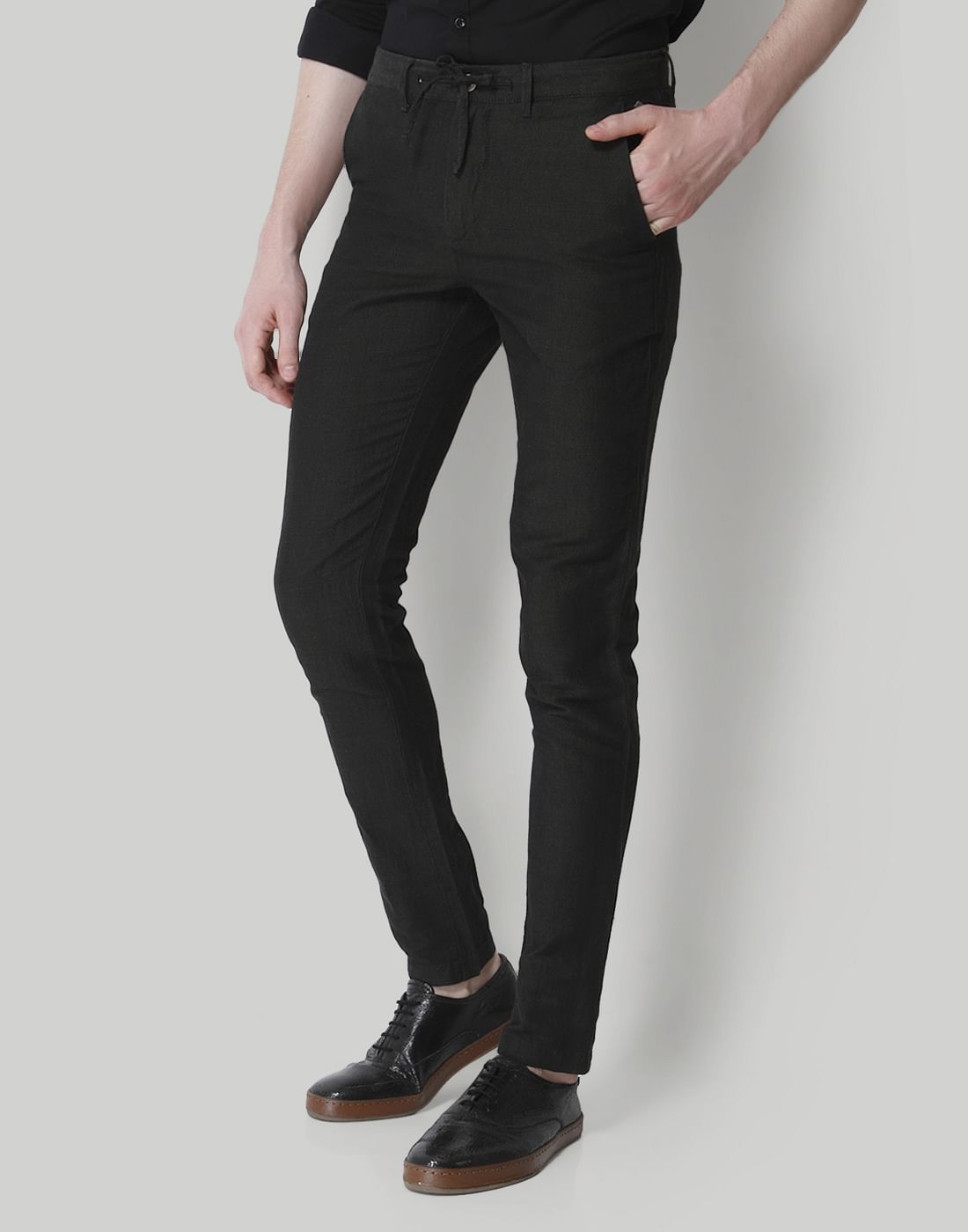Dark Grey Mid Rise Dobby Trousers