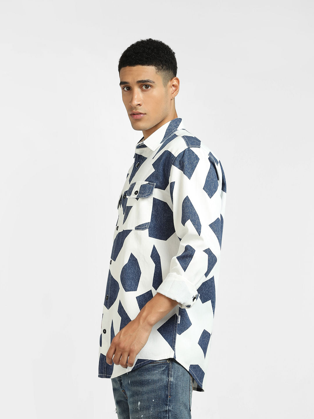 White Abstract Print Full Sleeves Shirt