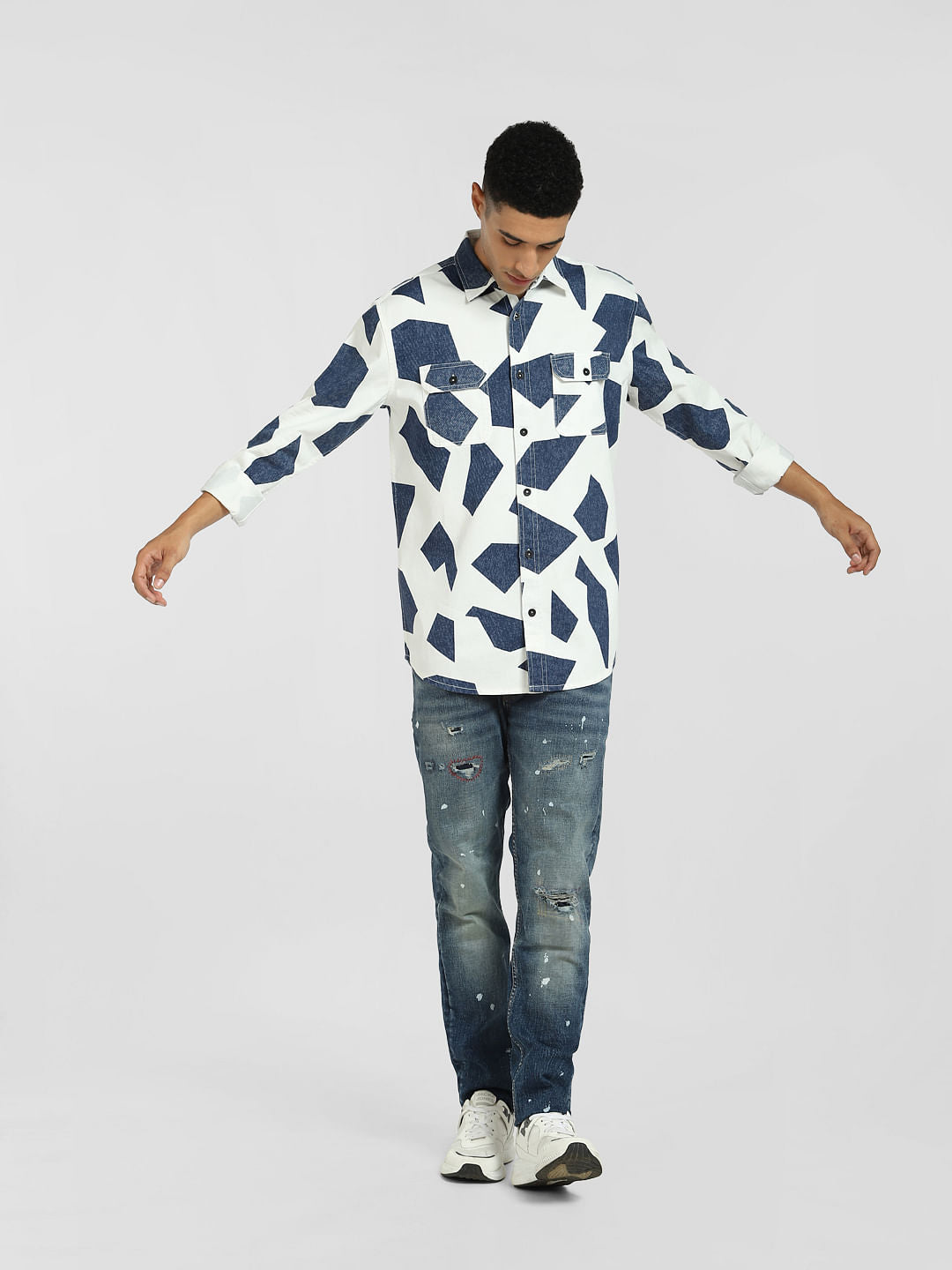 White Abstract Print Full Sleeves Shirt