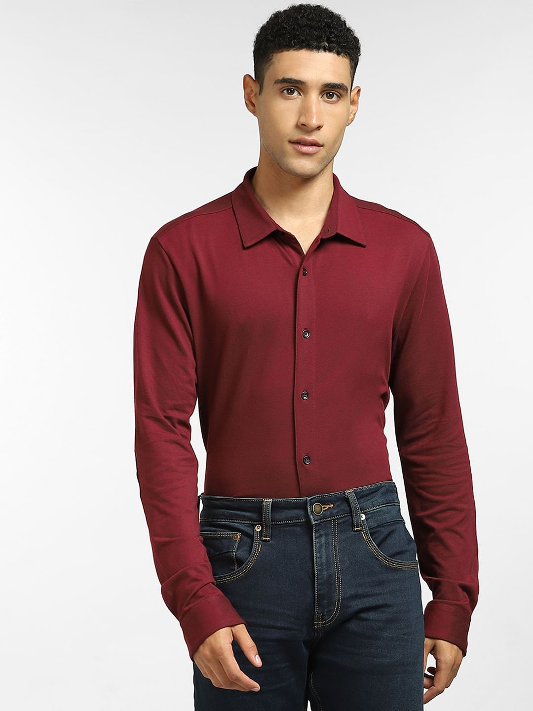 Burgundy Patch Detail Full Sleeves Shirt