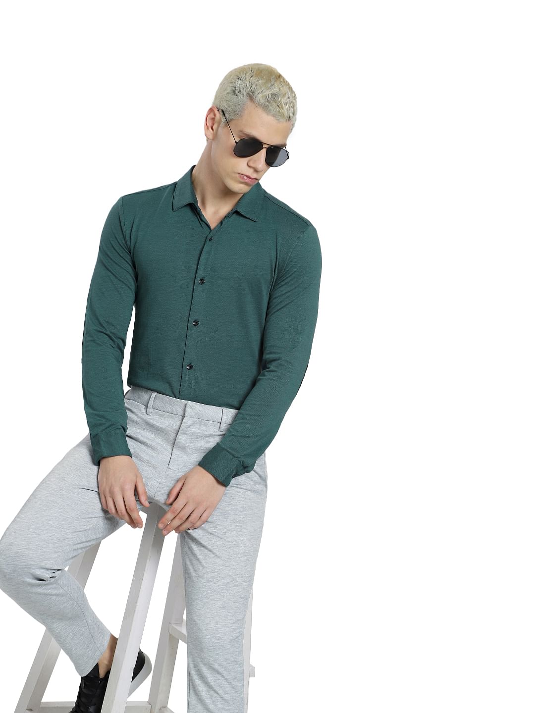 Green Knit Full Sleeves Shirt