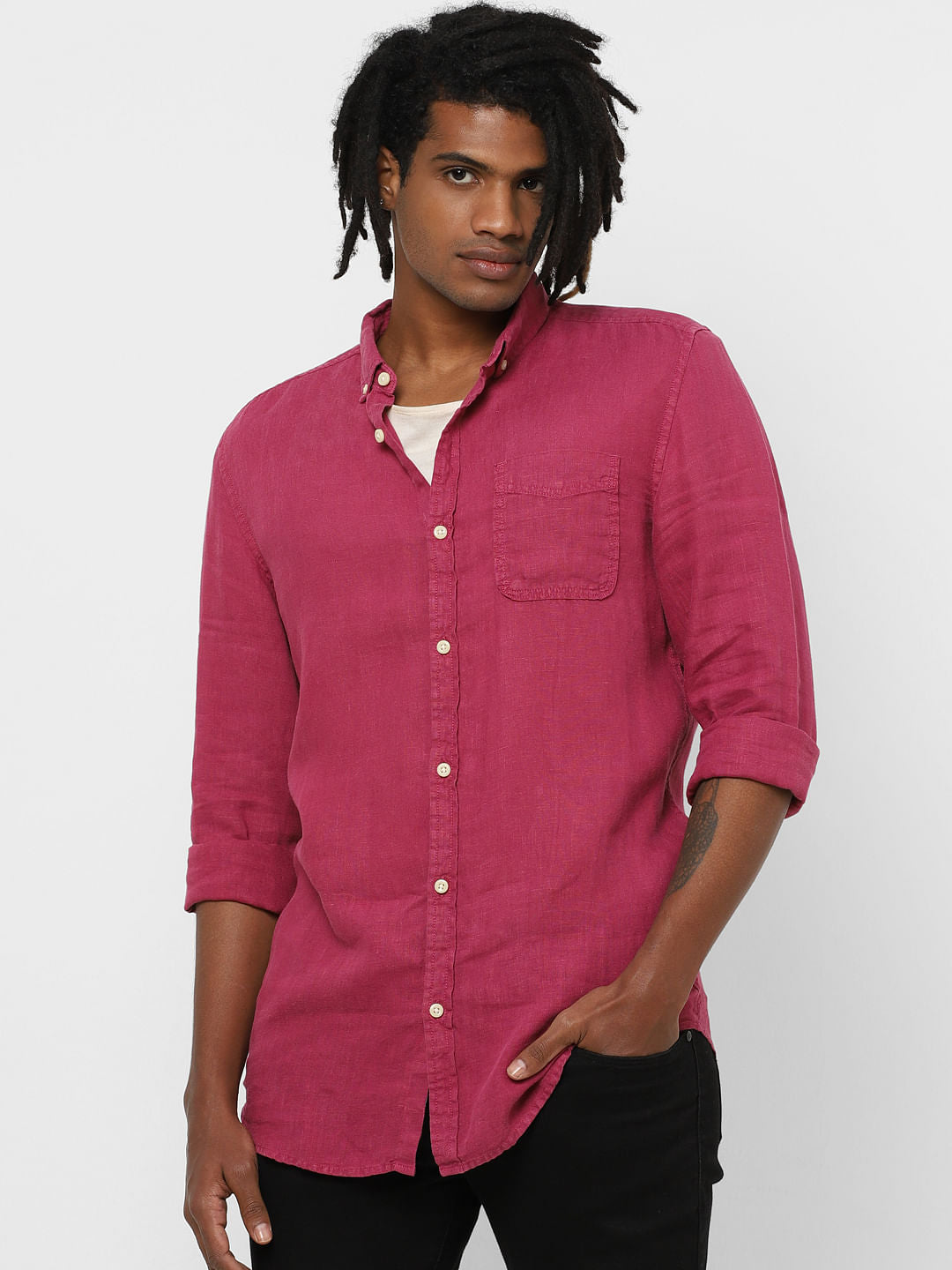 Red Full Sleeves Linen Shirt