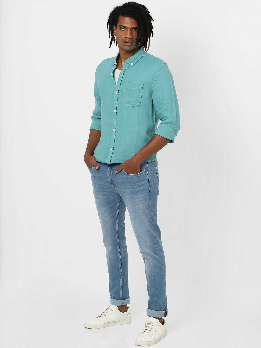 Green Full Sleeves Linen Shirt