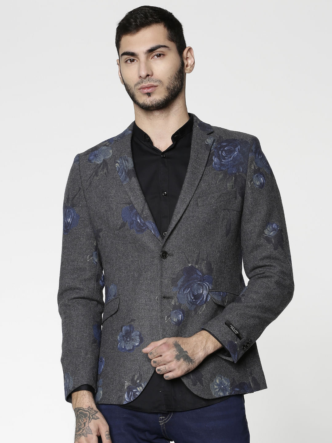 Dark Grey Floral Print Blazer