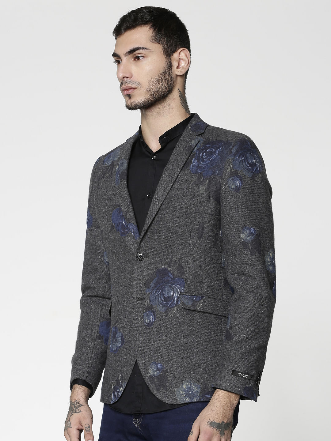 Dark Grey Floral Print Blazer