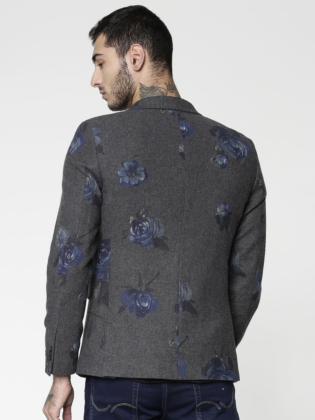 Dark Grey Floral Print Blazer