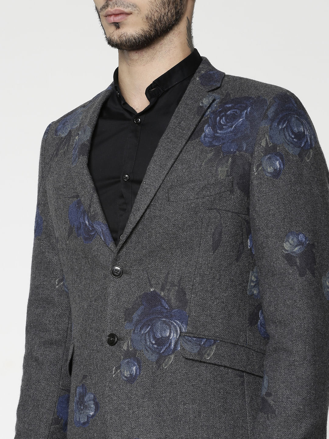 Dark Grey Floral Print Blazer