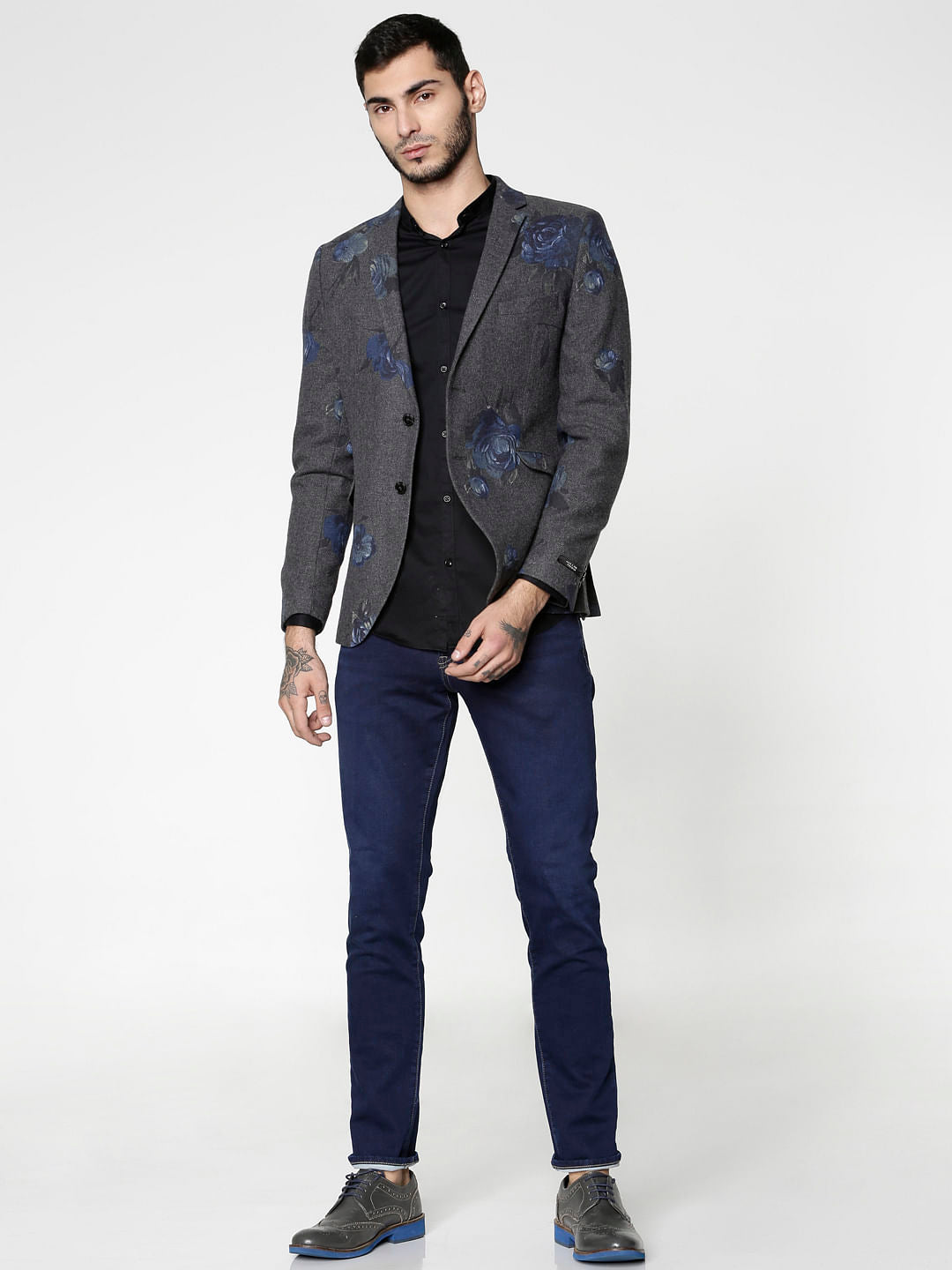 Dark Grey Floral Print Blazer