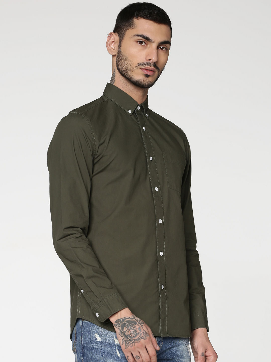 Green Slim Fit Full Sleeves Shirt