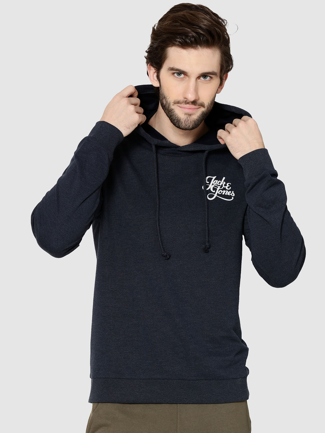Navy Blue Logo Print Hooded Sweatshirt