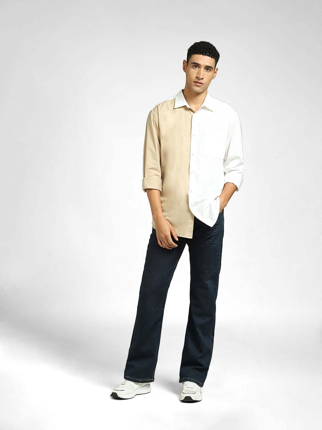 White Colourblocked Full Sleeves Shirt