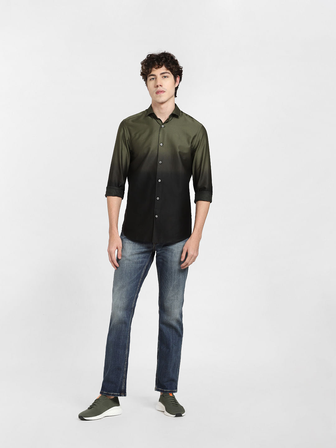 Green Gradient Print Full Sleeves Shirt