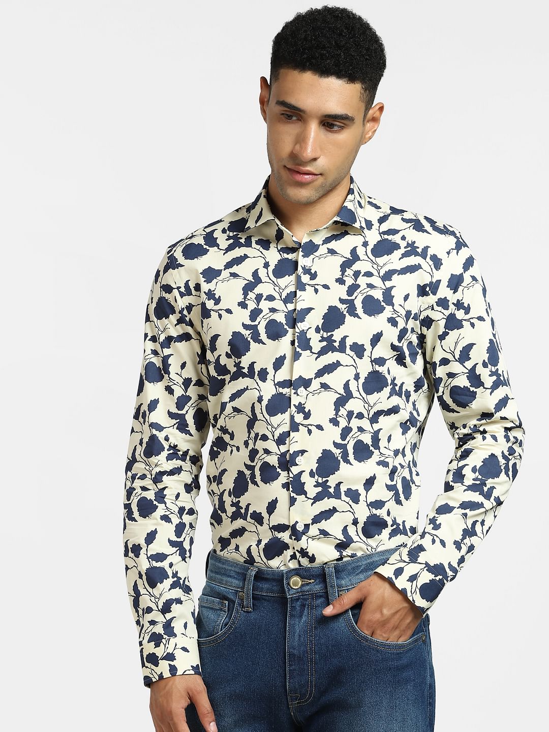 Light Beige Floral Full Sleeves Shirt