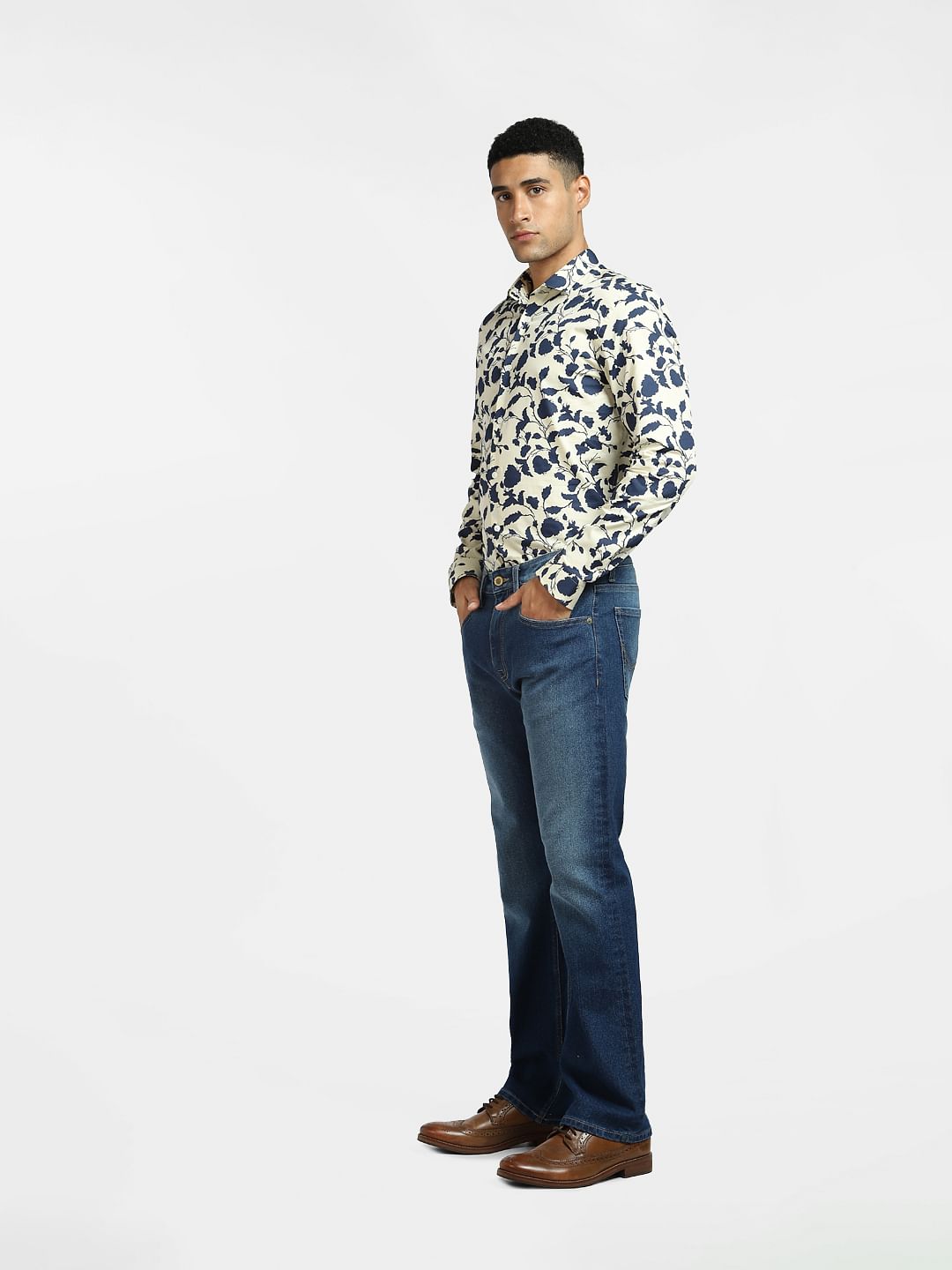Light Beige Floral Full Sleeves Shirt