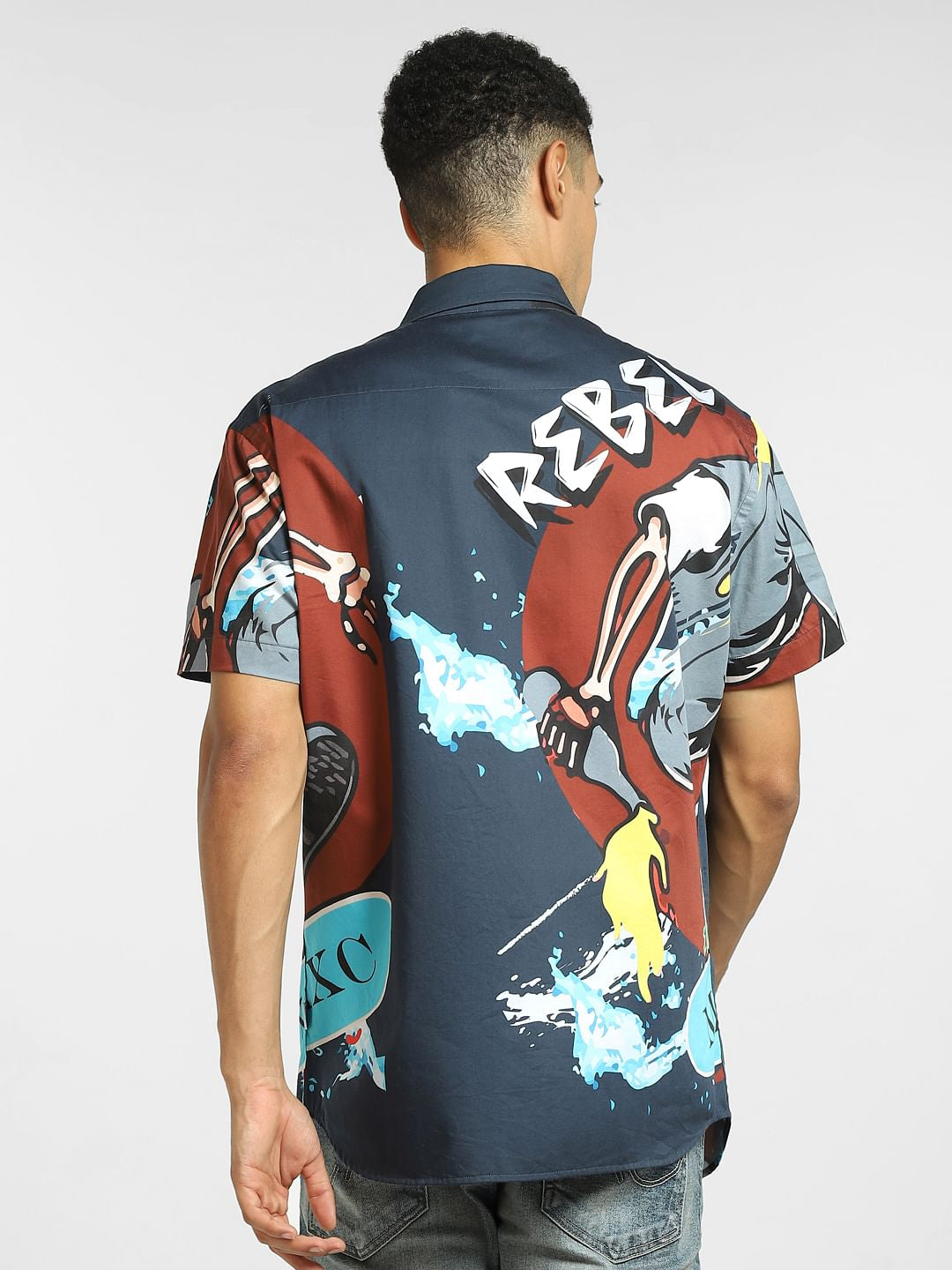 Navy Blue Graphic Print Short Sleeves Shirt