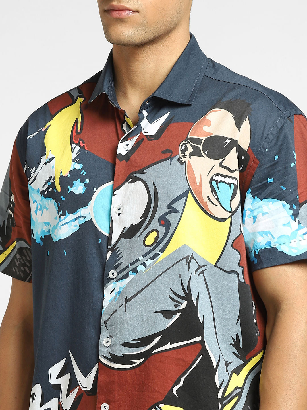 Navy Blue Graphic Print Short Sleeves Shirt