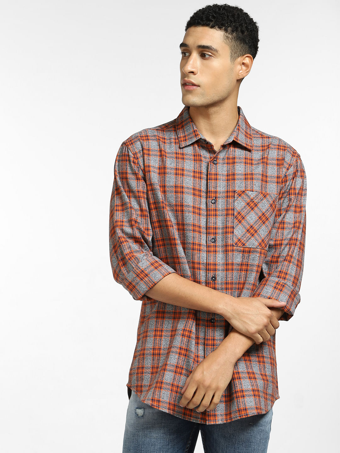 Orange Check Full Sleeves Shirt