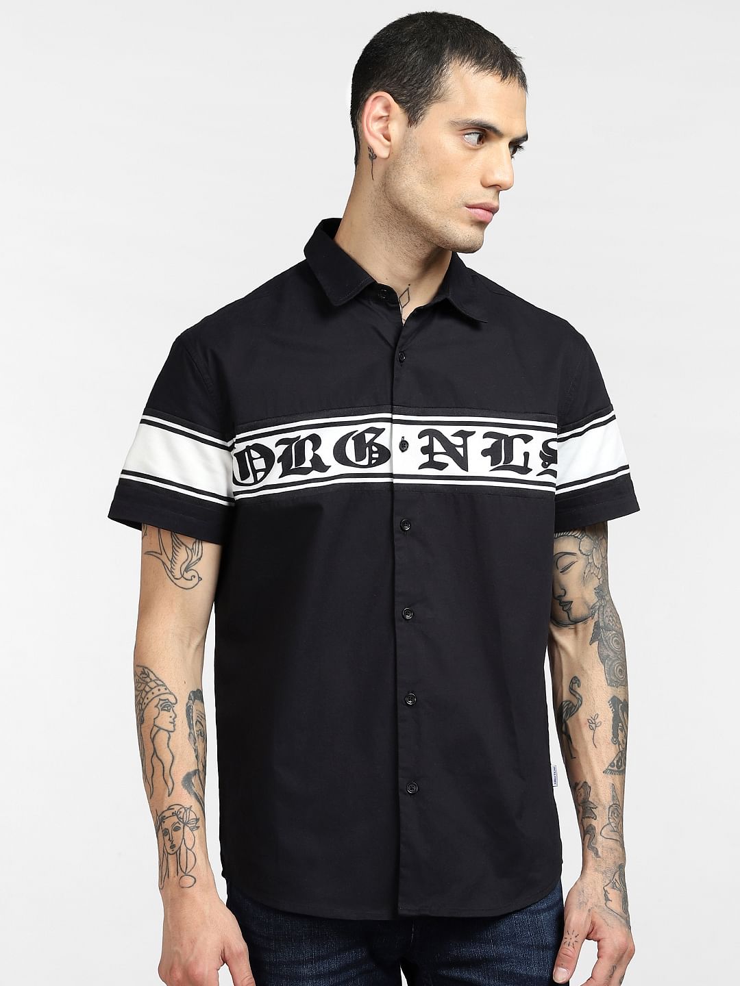 Black Graphic Print Short Sleeves Shirt