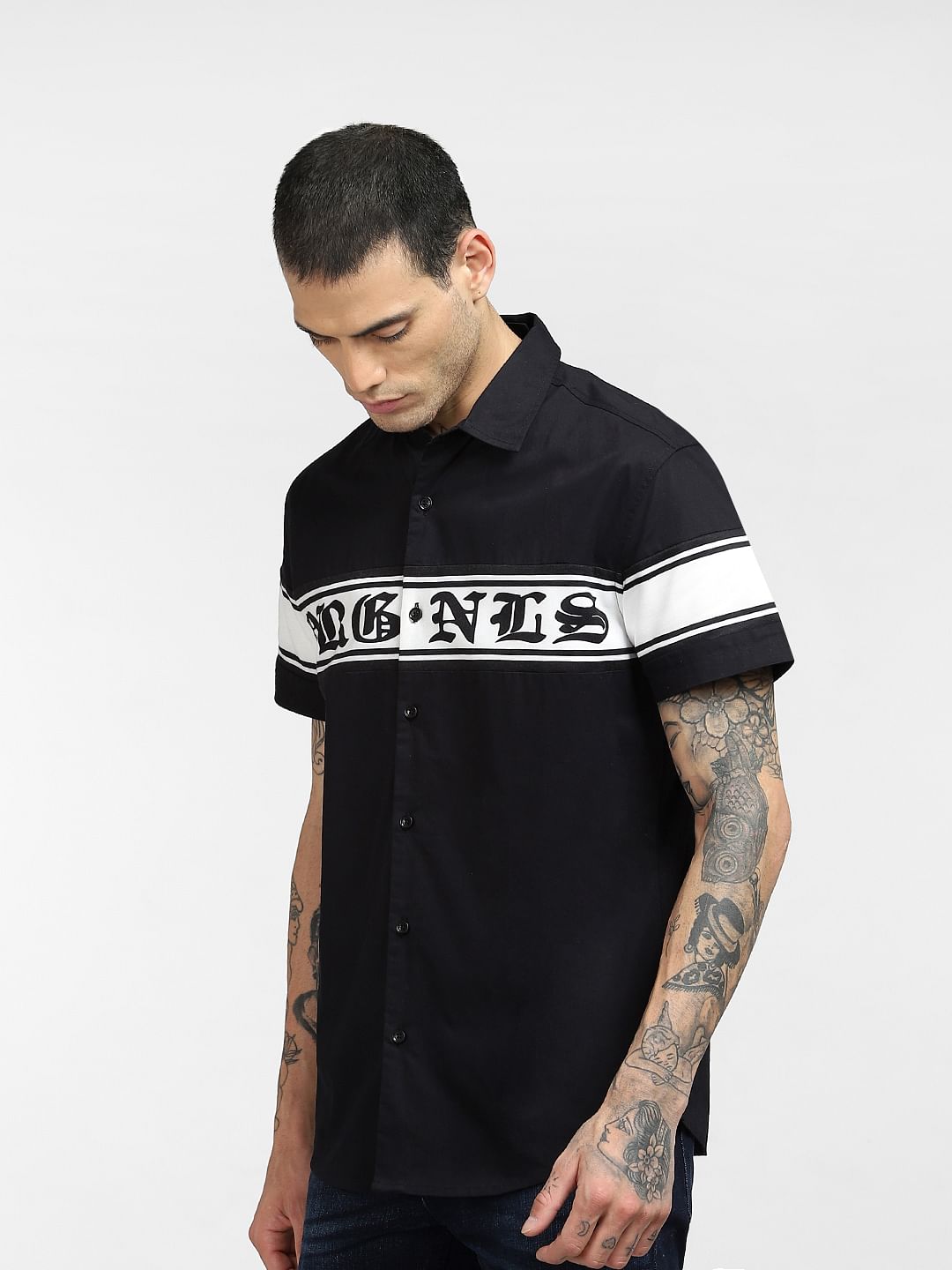 Black Graphic Print Short Sleeves Shirt