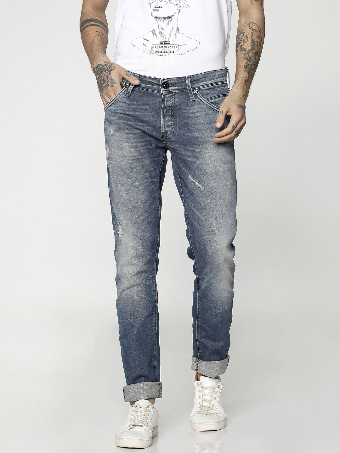 Blue Low Rise Distressed Glenn Slim Jeans