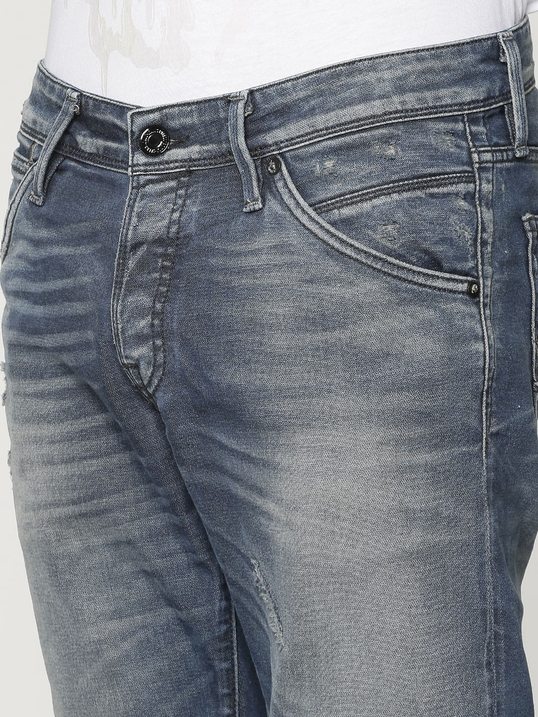 Blue Low Rise Distressed Glenn Slim Jeans