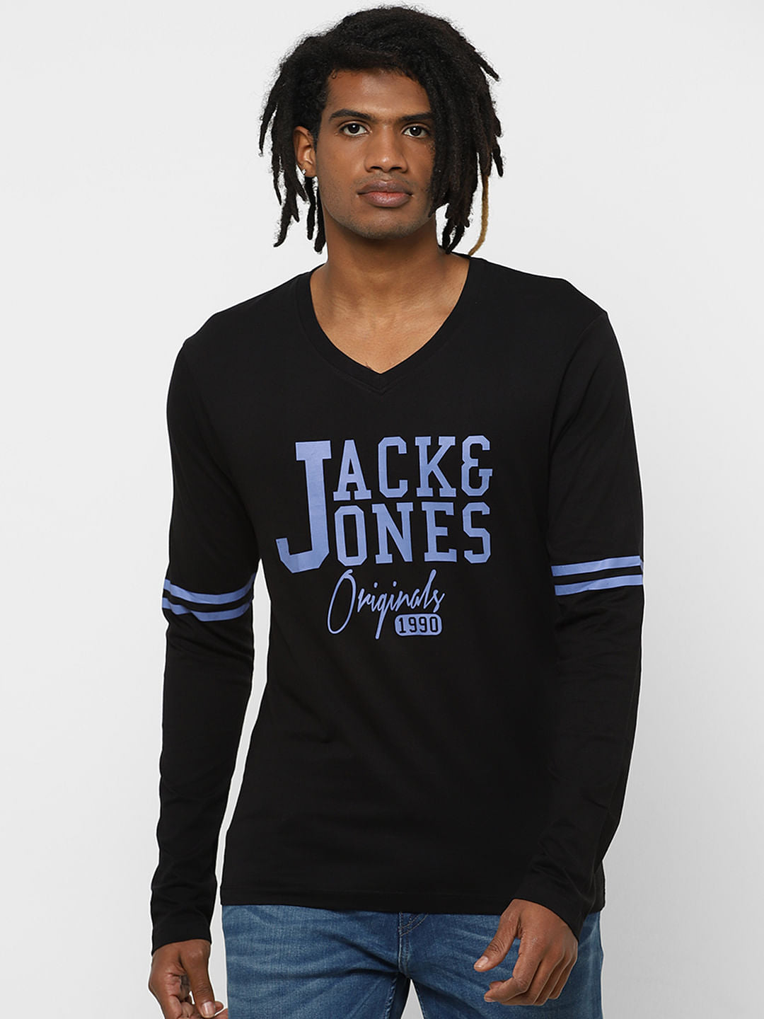 Black Logo Print V Neck Full Sleeves T-Shirt